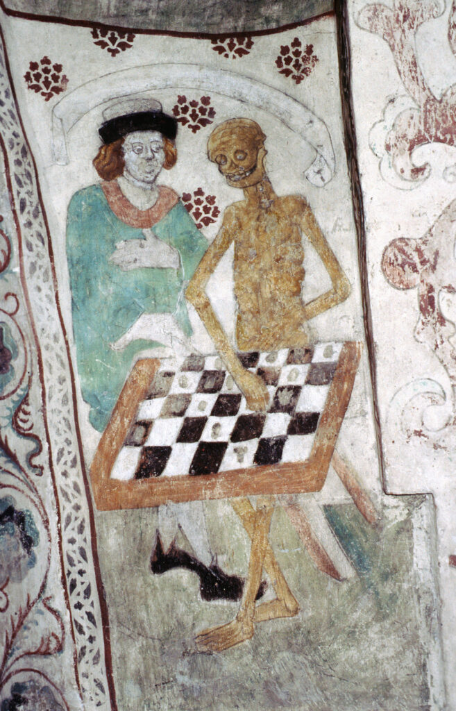 Målning med ett benrangel som spelar schack med man i medeltida dräkt.