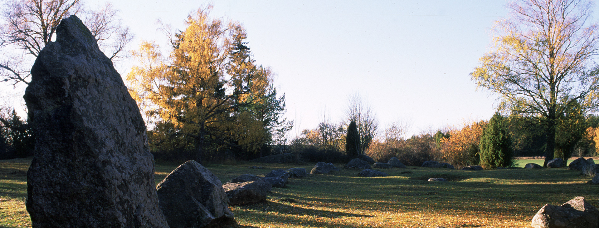 Stenar ligger i en rak formation på gräset.
