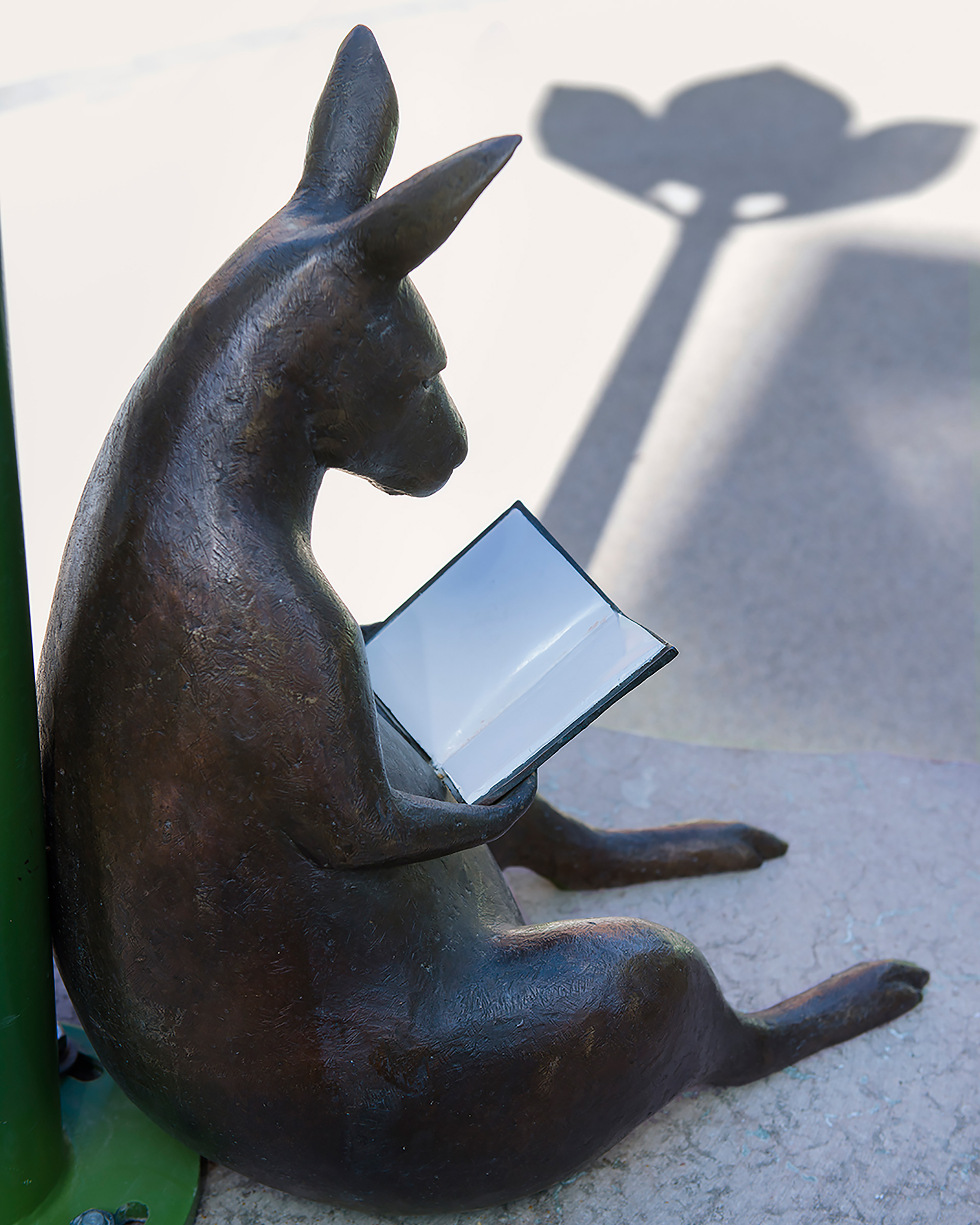 En figur som liknar en känguru sitter med en bok.