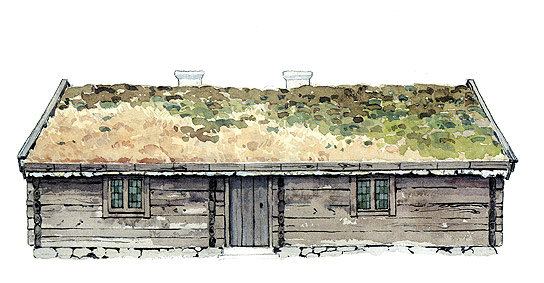 Illustration på ett hus med gräs på taket.