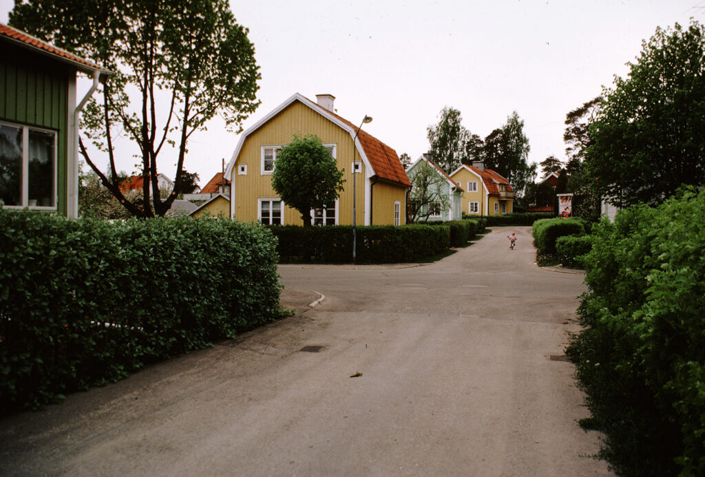 En gata i ett bostadsområde. Ett stort hus står bakom ett träd.