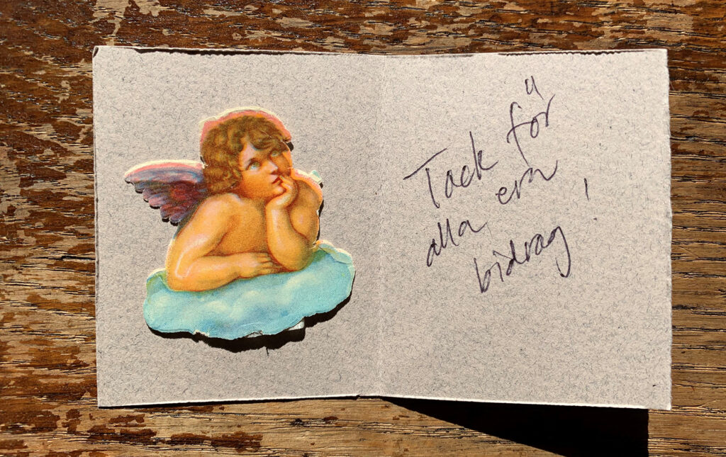 Ett kort med ett ängel och texten "Tack för alla era bidrag"