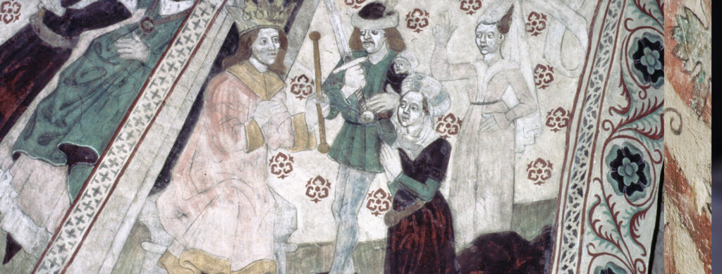 Muralmålning från medeltiden. en knäböjande kvinna, en stående man och sittande man med krona på huvudet.