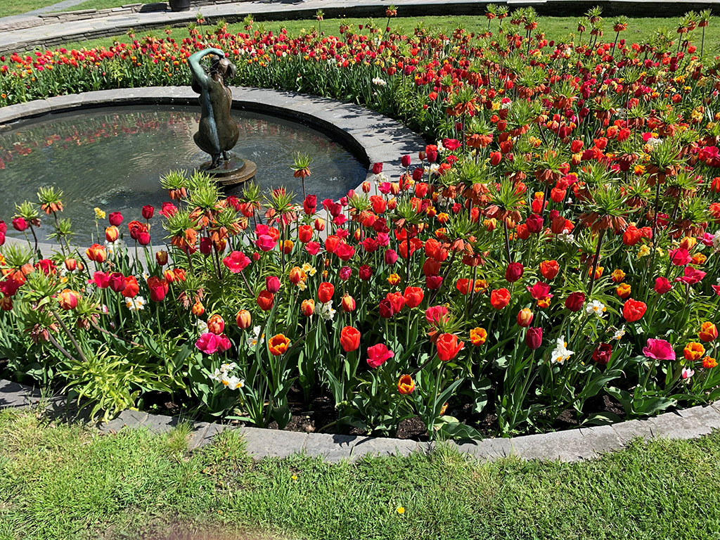 En naken flicka sitter på huk och tvättar sig i en rund fontän. Fullt med röda blommor runtomkring. 