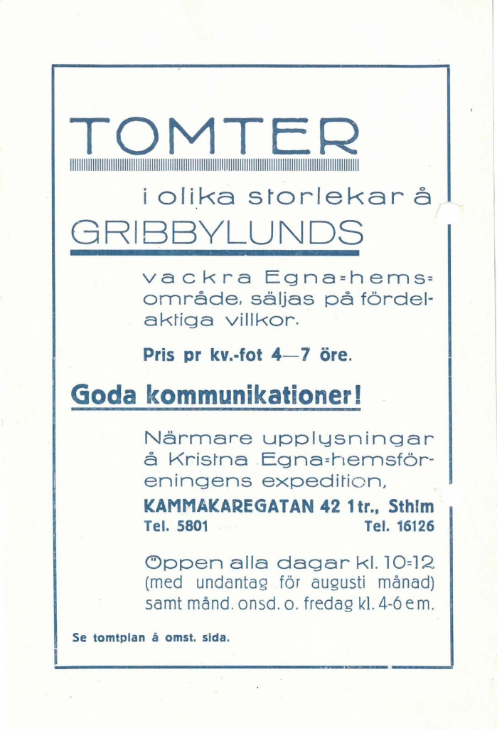 Reklam för att köpa villa tomter i Viggbyholm, 1922.
