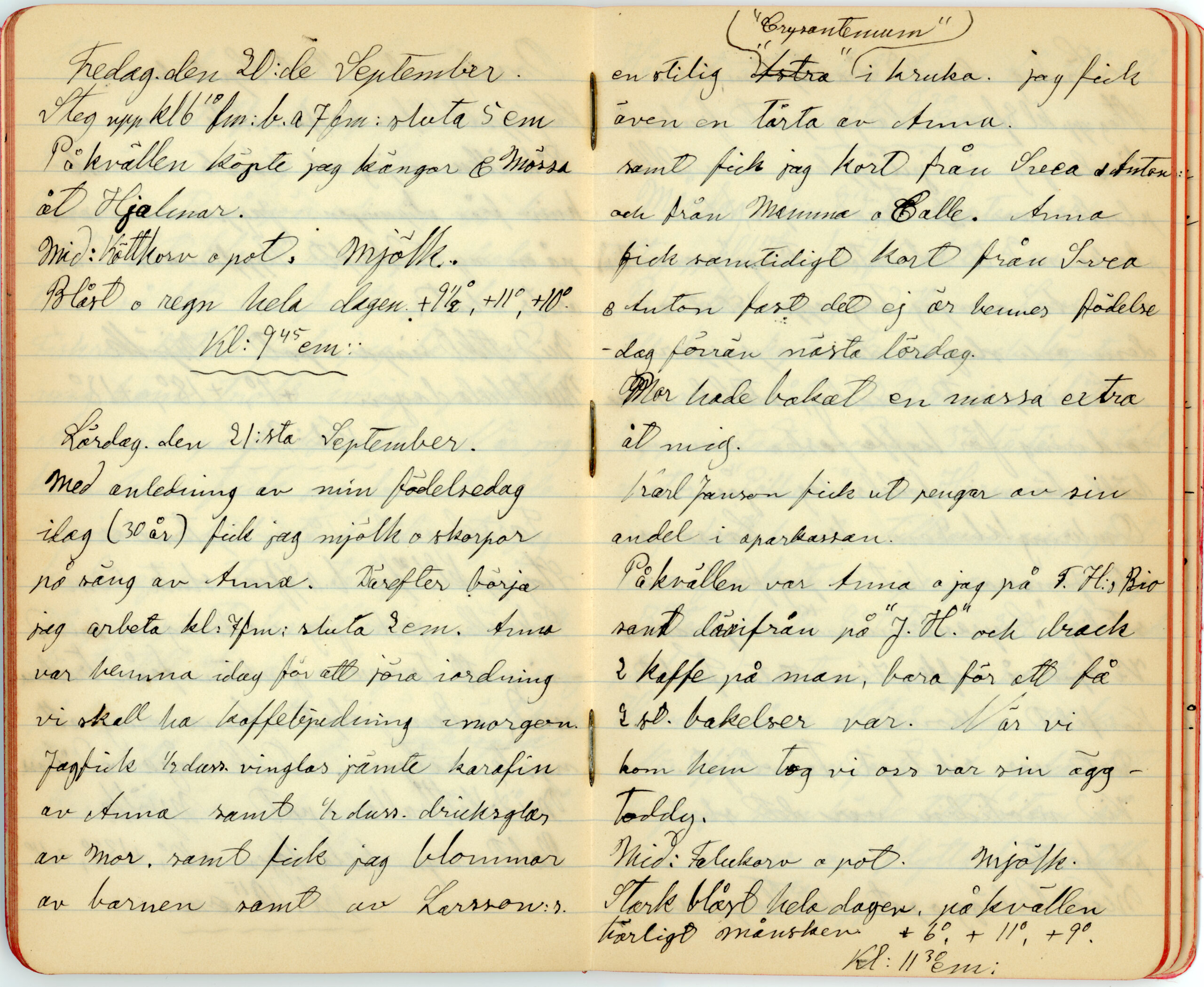 Ett uppslag ur gammal handskriven dagbok.