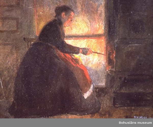 Teckning på en kvinna som sitter framför en eld.