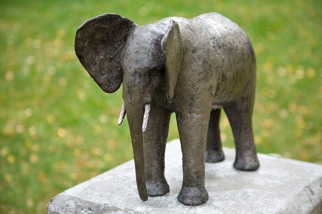 skulptur av elefant i brons. Står på en grå platta. Grönt gräs bakom