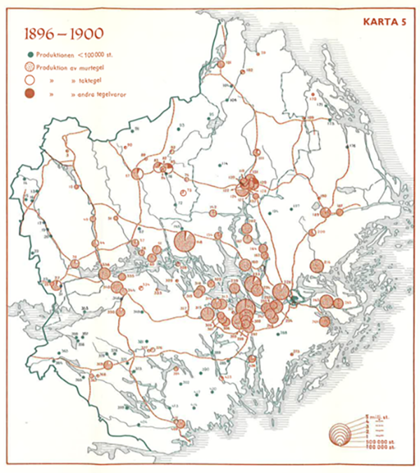 En karta över tegelindustrier i Mälarprovinsen 1896–1900.