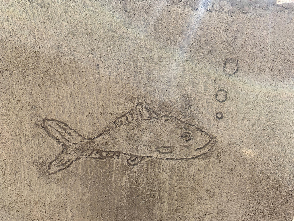 Fisk inristad i betong med bubblor ovanför.