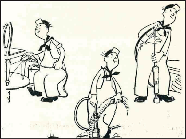 Tre tecknade bilder där samma figur med keps och scarf arbetar med olika maskiner.