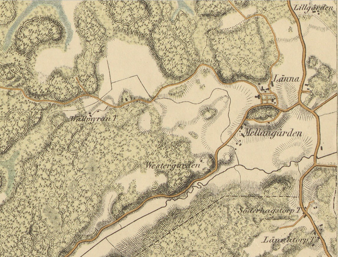 En handritad karta medbackstreck istället för höjdkurvor.