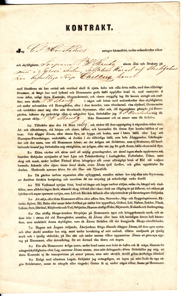 Ett tryckt kontrakt med viss fält ifyllda för hand, t.ex. datum och personer.