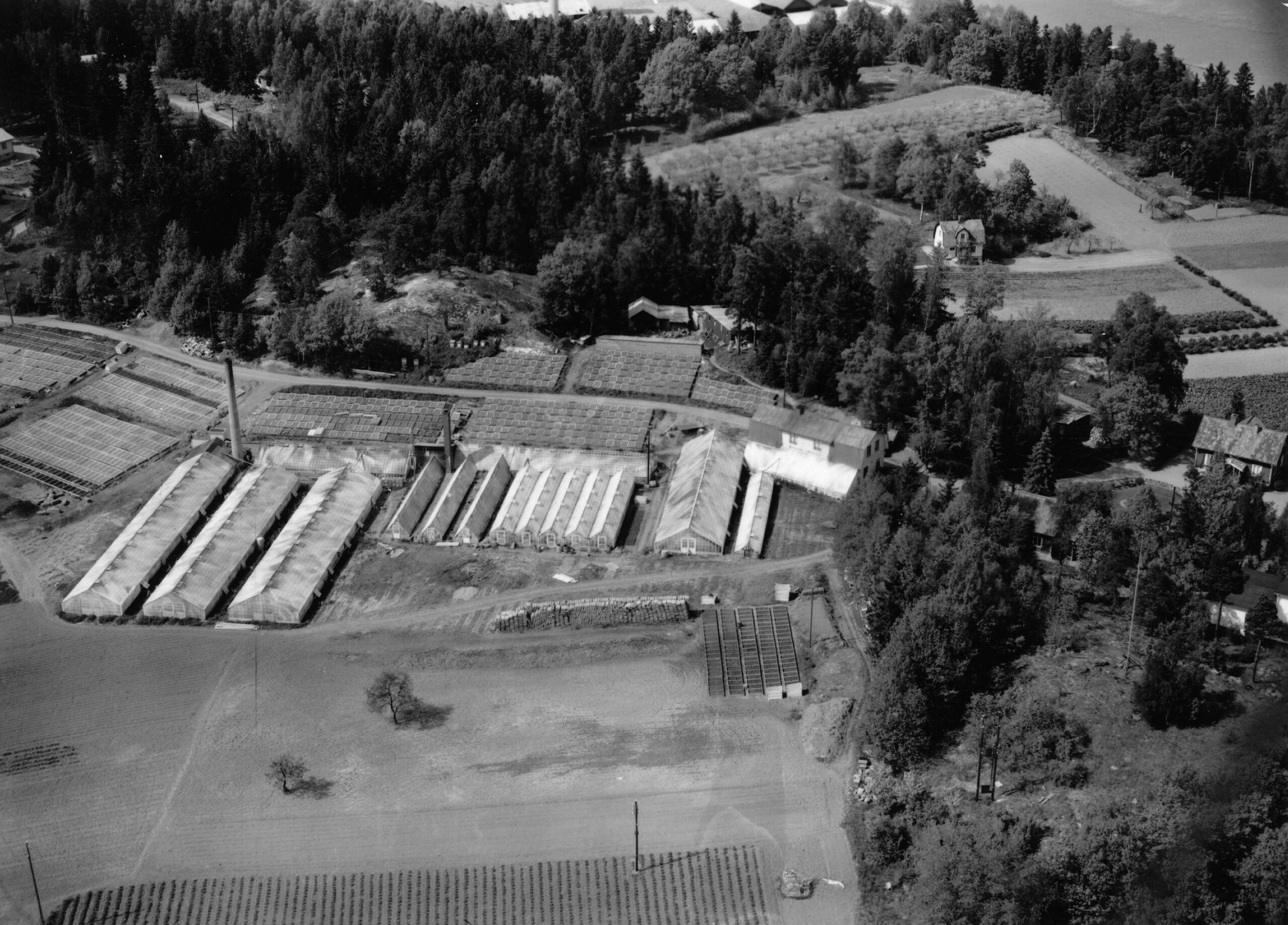 Ett svartvitt flygfoto som visar massor av växthus och drivbänkar.