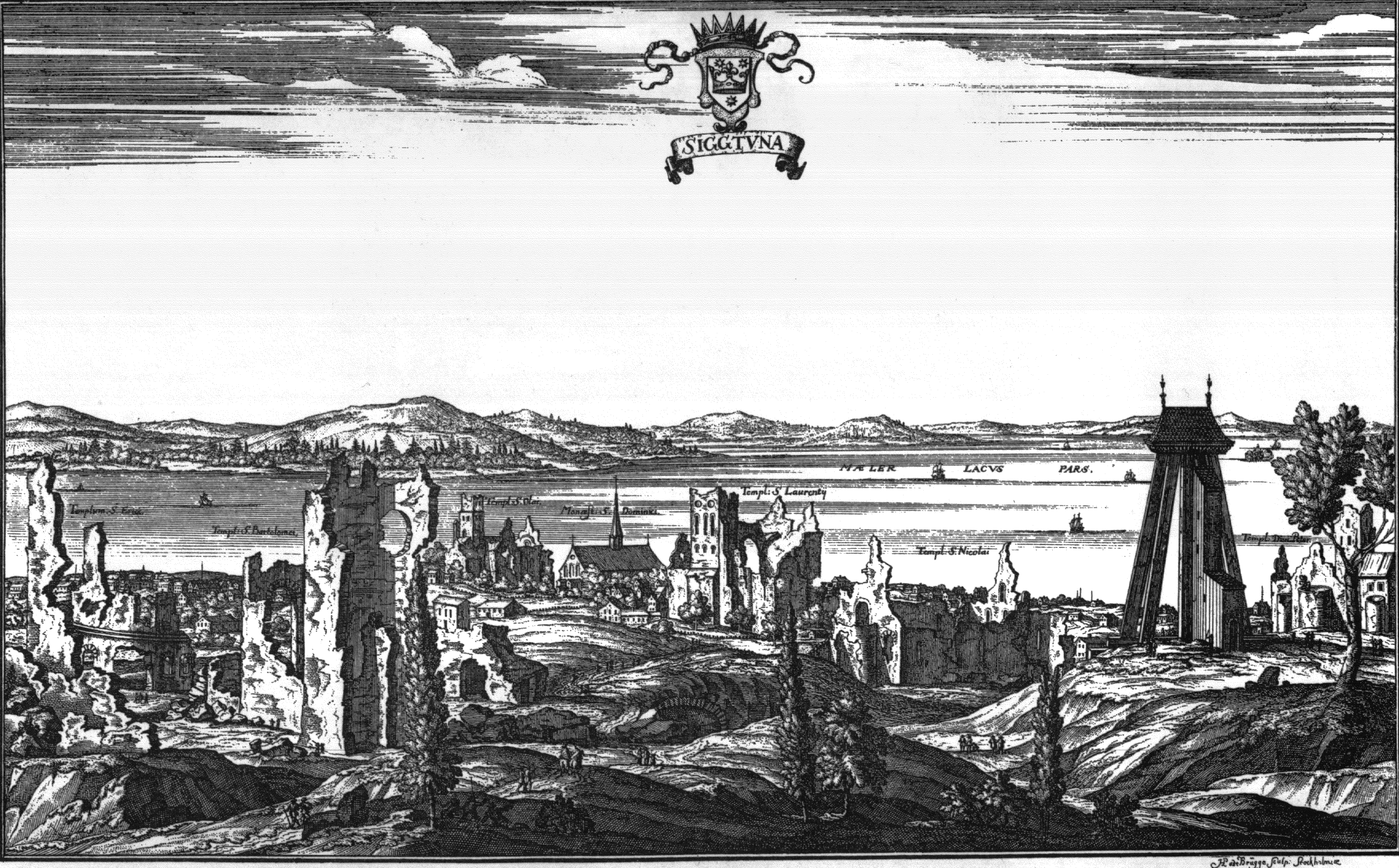 Ett kopparstick över staden Sigtuna med kyrkoruiner, sjön i bakgrunden och kala berg bortom vattnet. En utsmyckad skylt bär ordet SIGGTVNA.