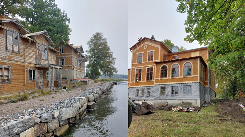 Före och efter bilder på ett stort hus som har renoverats. 