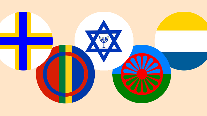 Runda symboler med de nationella minoriteternas flaggor