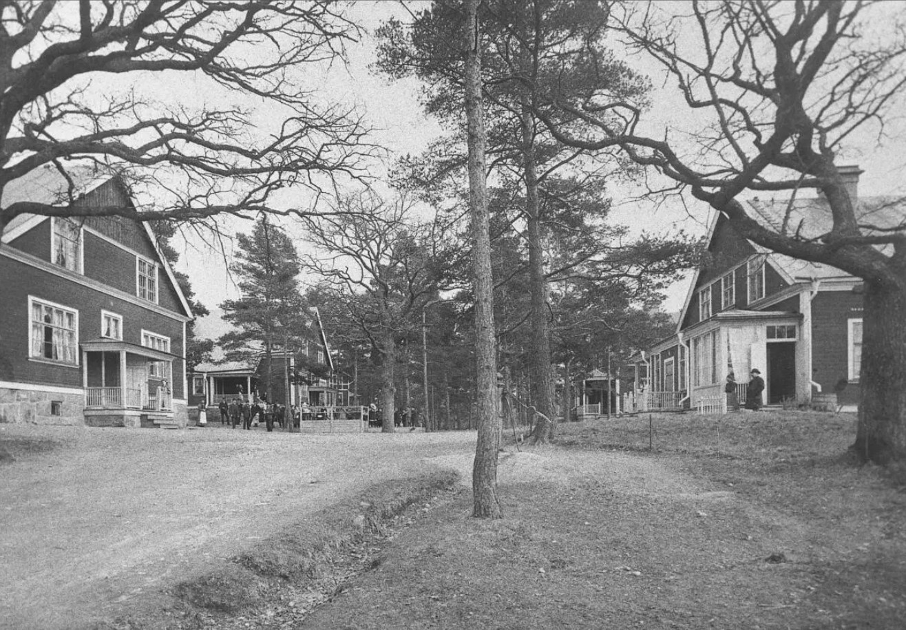 På båda sidor om backen uppför den skogiga kullen ligger trähus.