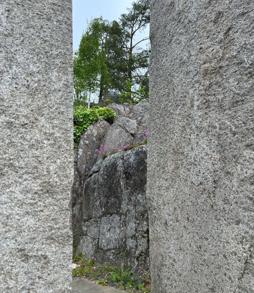 Två gråa stenar på varje sida. I mellanrummet syns en klippa med träd och rosa blommar.