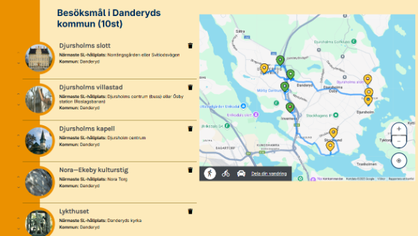 Översikt v vandringen “Besöksmål i Danderyds kommun”.