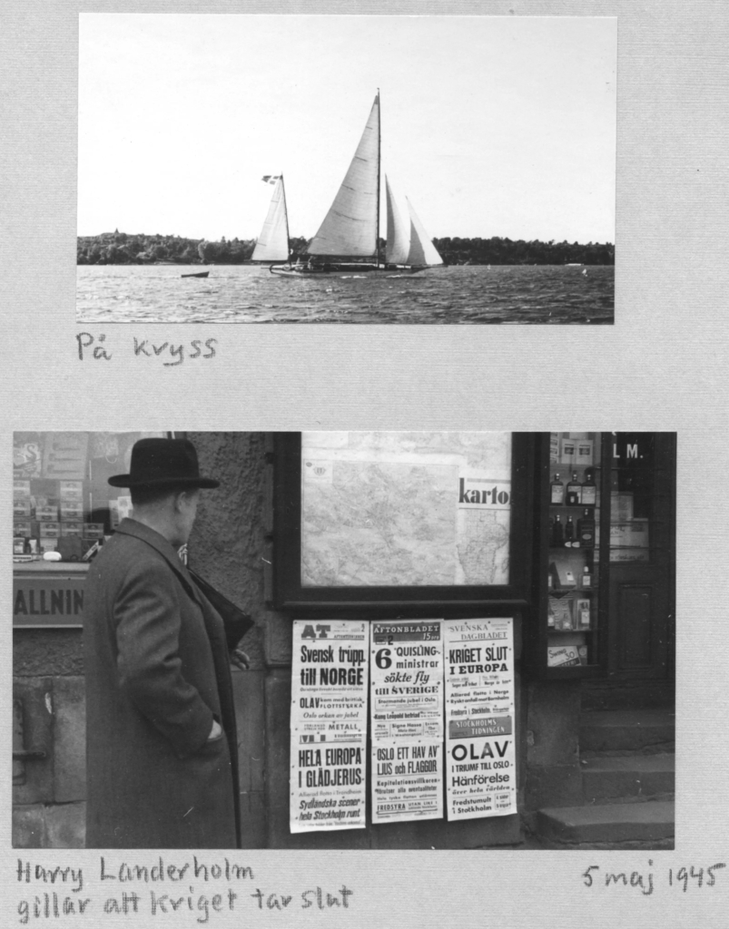 Fotografi av sidorna i ett fotoalbum, på bilden längst ner står en man iklädd hatt och tittar på löpsedlarna på väggen.