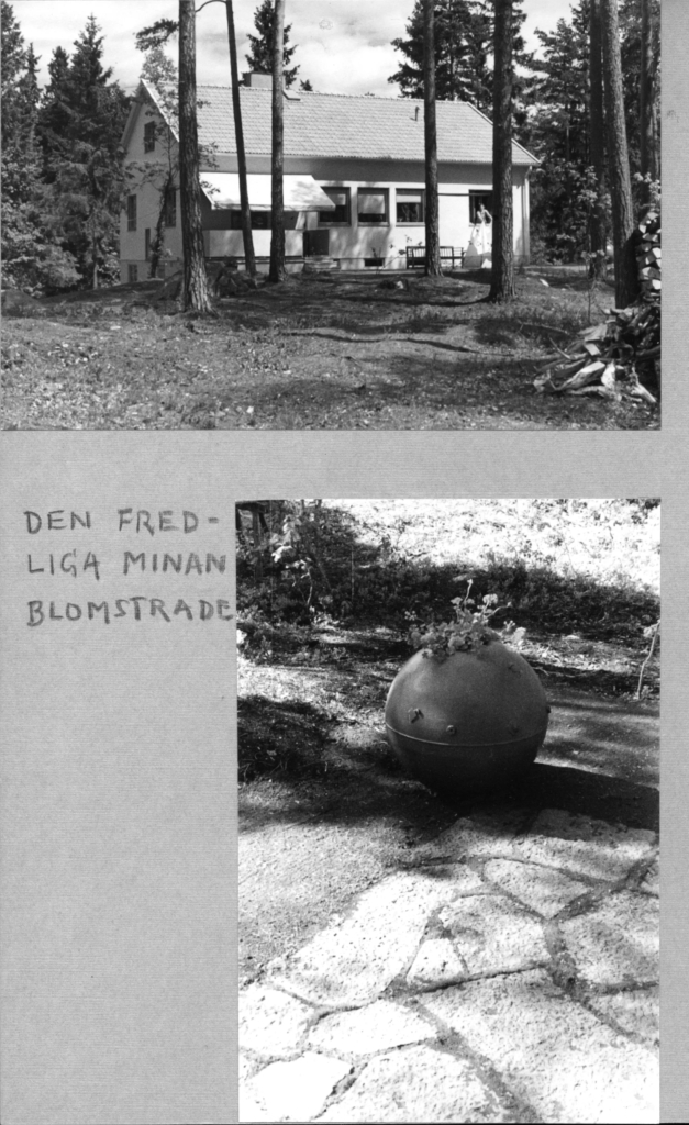 Foto av en sida ett fotoalbum. På ena bilden syns ett hus, på en den andra en fredlig mina som det planterats blommor i.