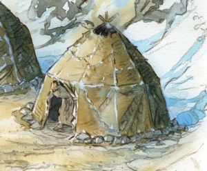 En målning av en hydda av djurhudar.