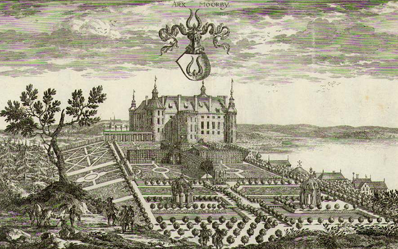Teckning över Mörby slott, trädgården breder ut sig framför slottet.