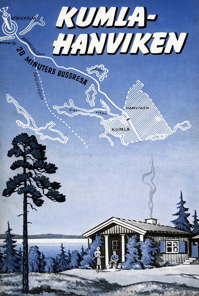 Tecknad bild av en stuga i skogen och en karta med texten 20 minuters bussresa från Stockholm.