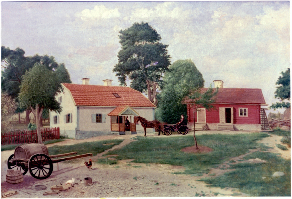Målning. En gammaldags gård på sommaren.